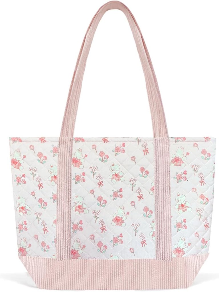 Women Top Zipper Large Floral Quilted Tote Bag For Work Travel Gym Shopping